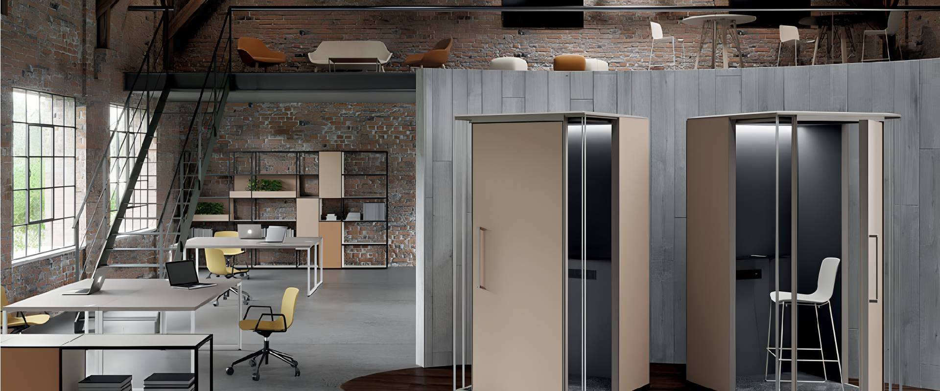 office workspace with acoustic meeting pods and modern office furniture