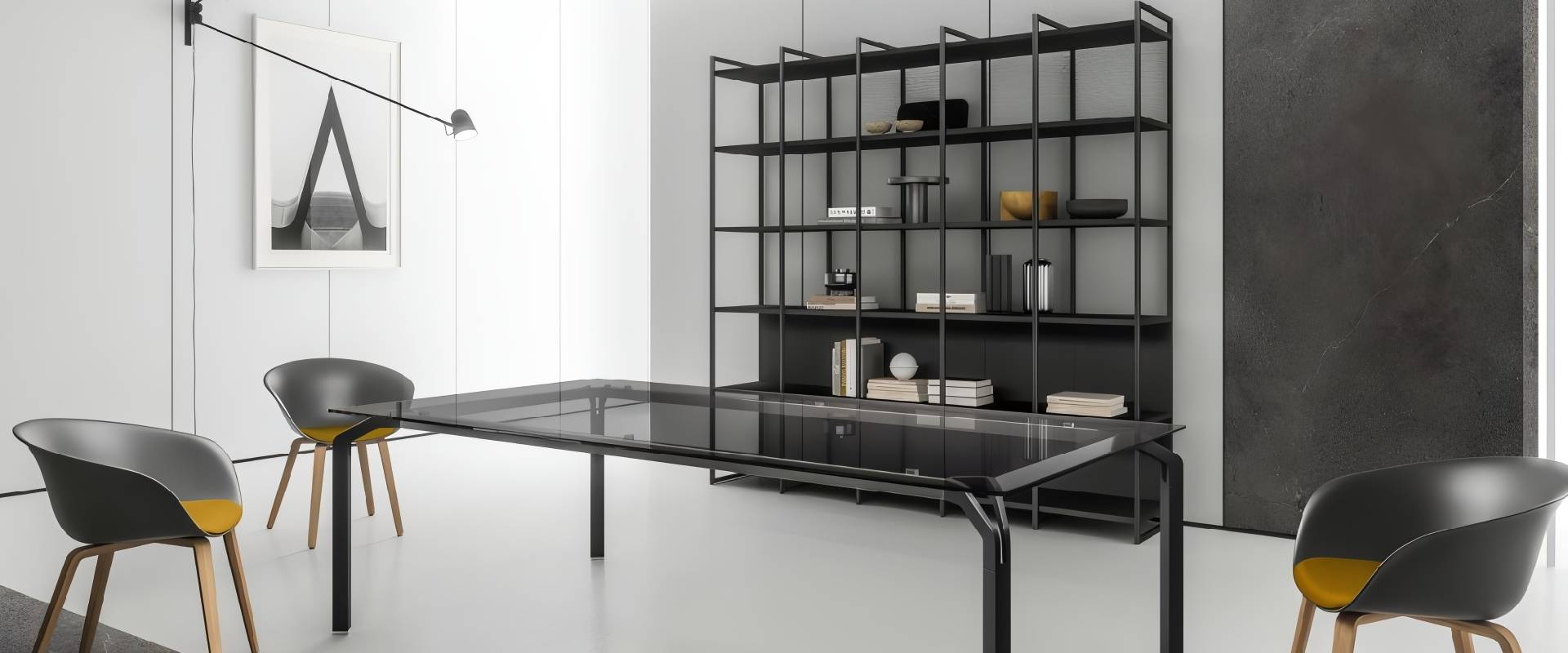 Contemporary meeting room with glass conference table and black shelving