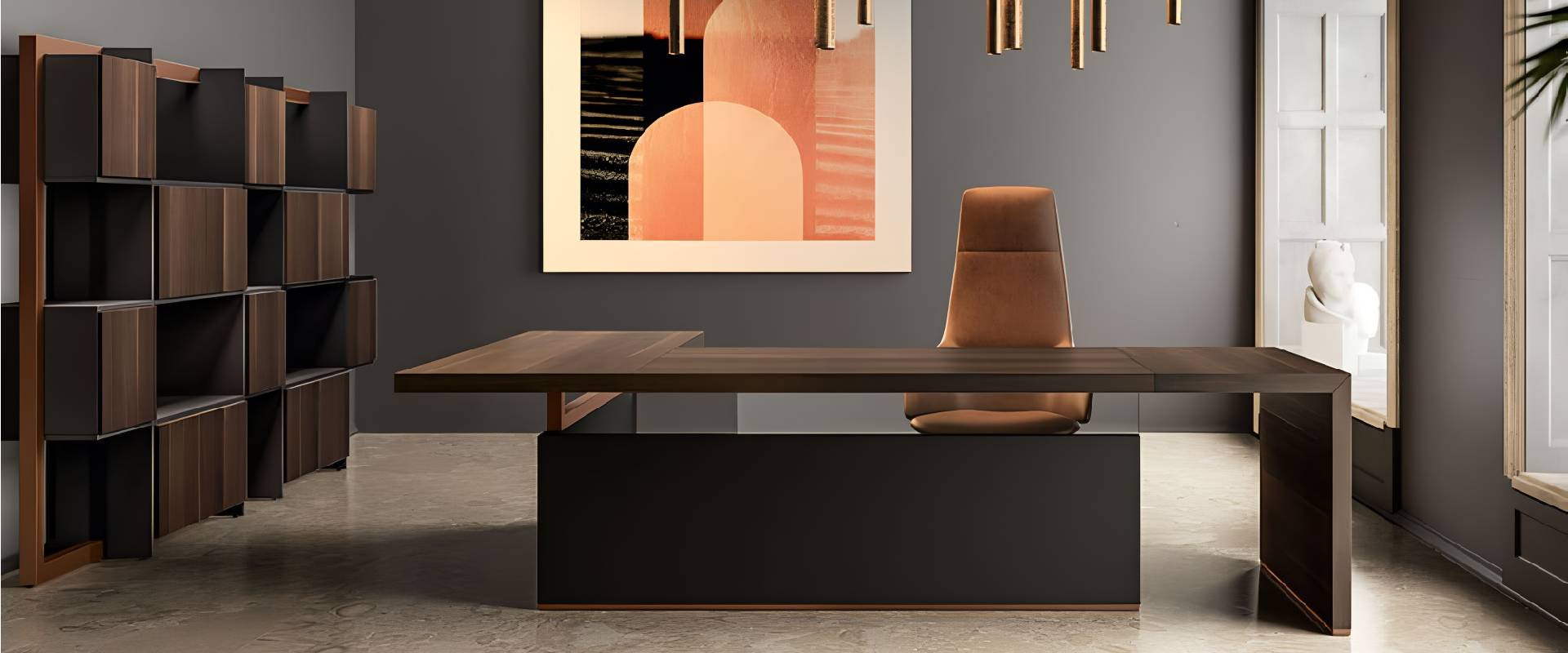 Luxury executive office featuring a modern wooden executive desk, high-back leather chair, geometric wood shelving, pendant lighting, and contemporary office décor.