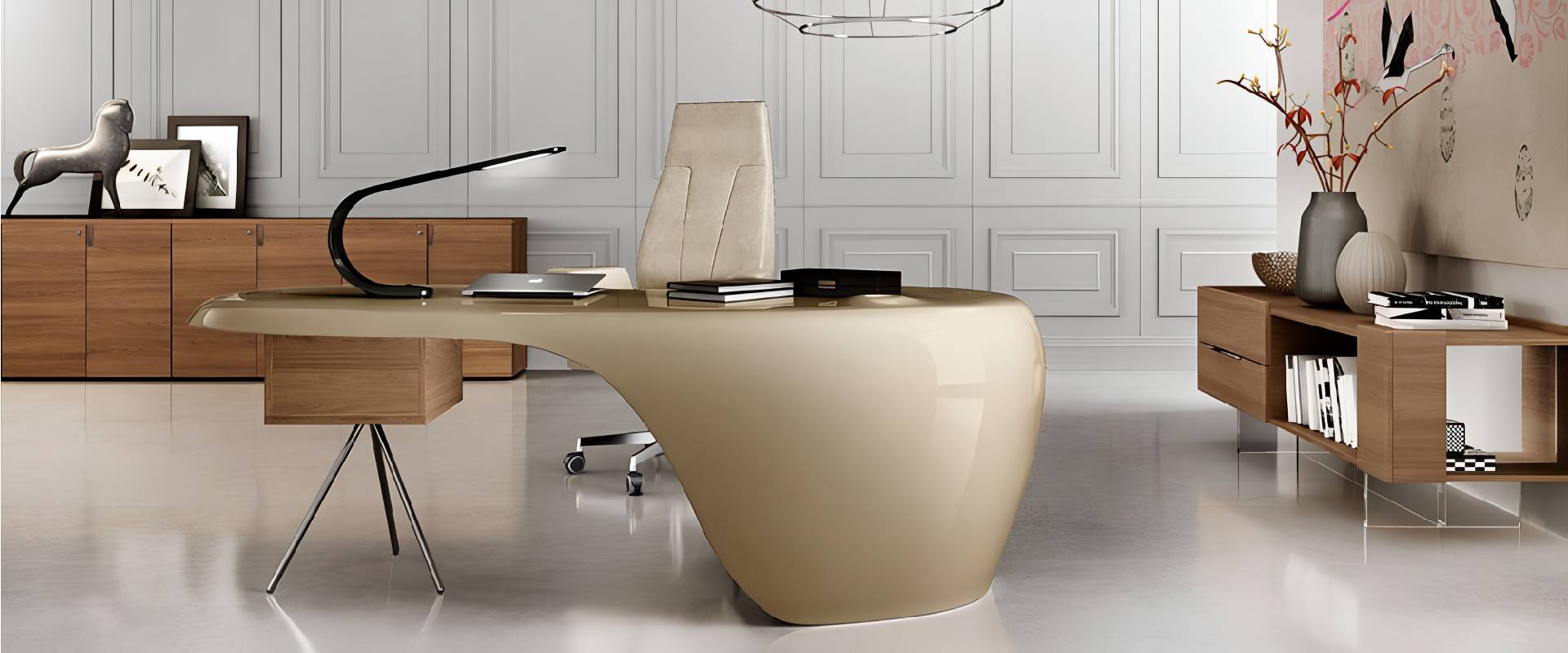 Luxury executive office featuring a sculptural champagne-beige executive desk, cream leather chair, walnut storage cabinets, decorative accessories, and white paneled walls in a modern minimalist workspace.
