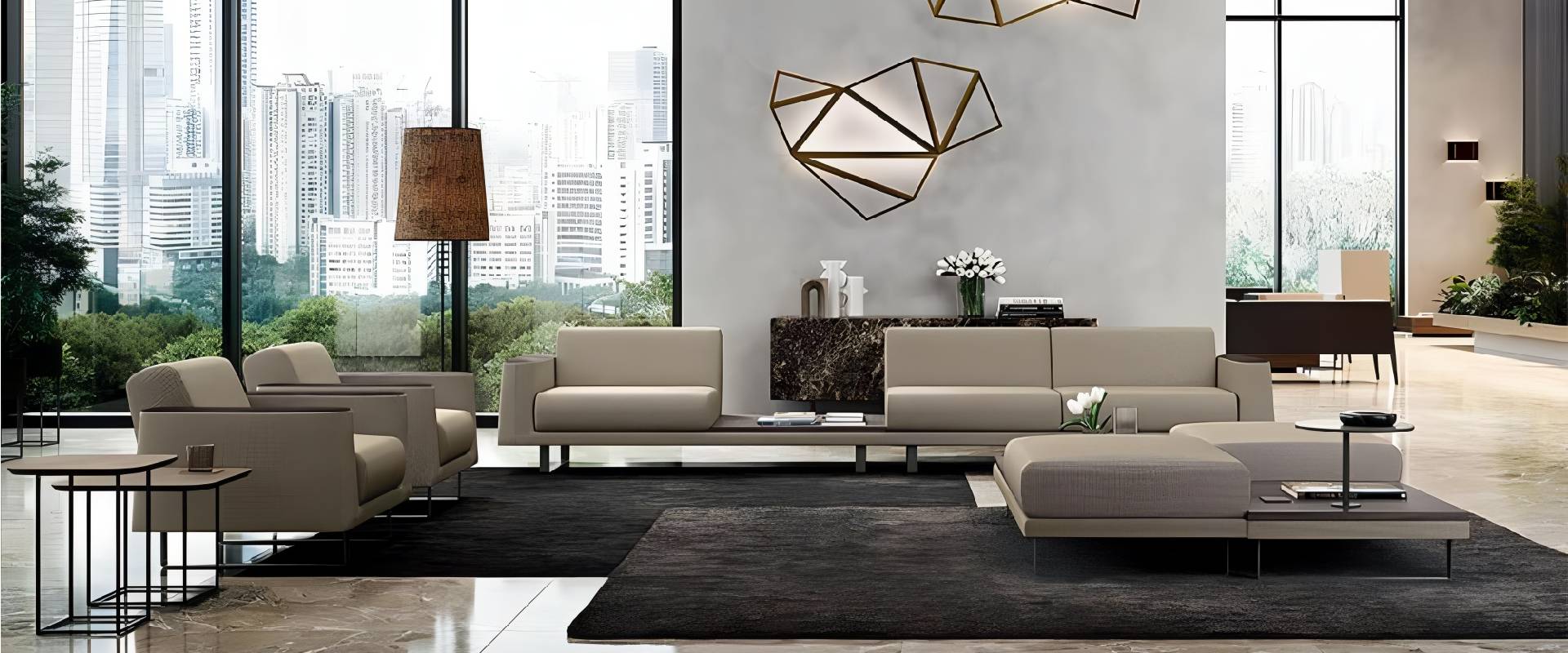 Modern luxury lounge featuring modular sofas, armchairs, designer coffee tables, floor-to-ceiling windows, and elegant contemporary furniture in a spacious interior.