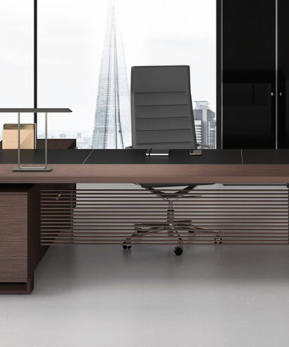 Adrien 1 – Ring Leg Wood Veneer Executive Desk with Leather Insert and Optional Credenza Unit