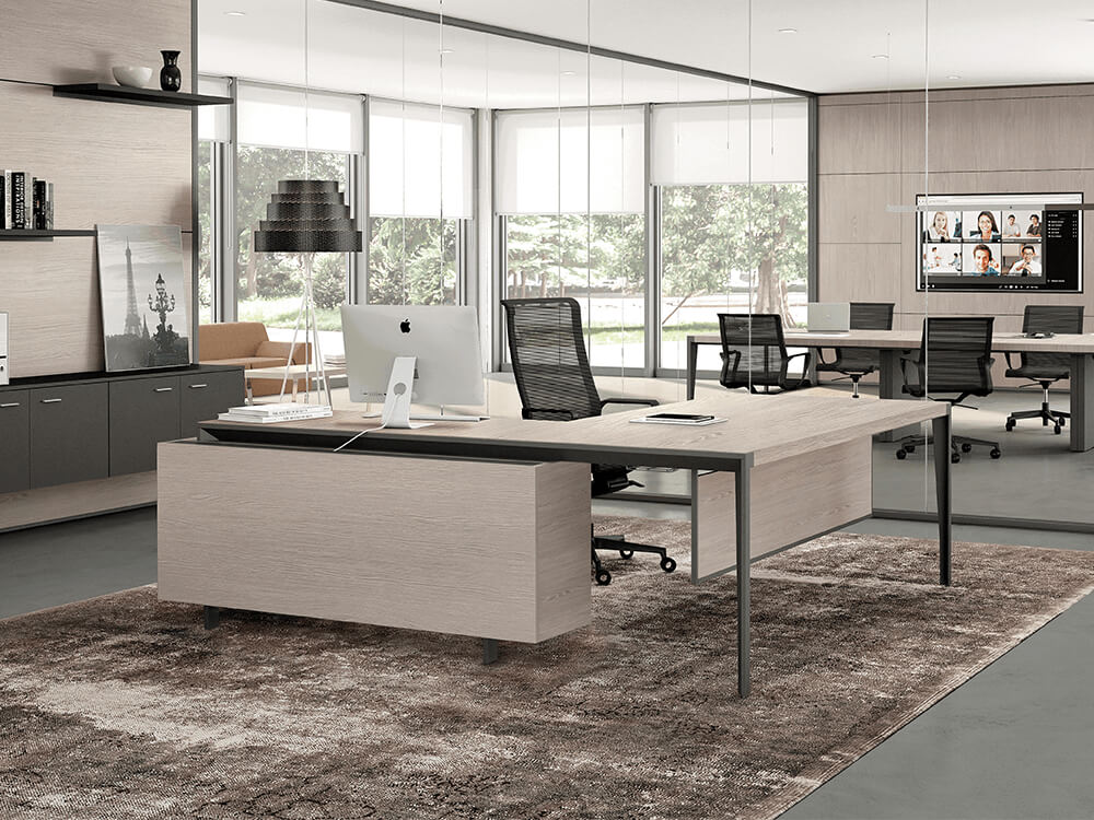 Xandy - Sleek Executive Desk in Wood Veneer with Leather Inlay, Modesty Panel, Return & Credenza Unit 03 Img