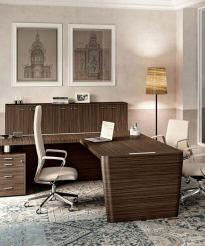 Xenophon - Wood Veneer Luxurious Executive Desk with Return Pedestal, Modesty Panel and Leather Inlay