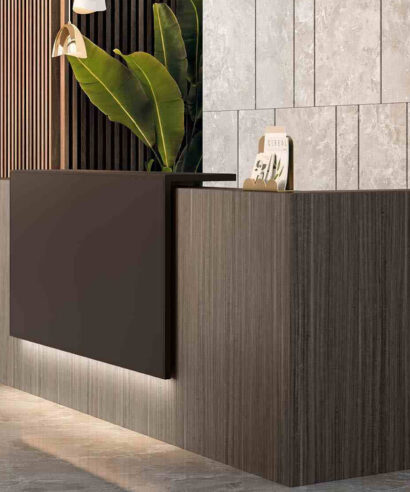 Zack 1 – Reception Desk with Overhang Panel and Side Panels