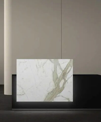 Lenny 1- Straight Reception Desk with Printed Glass Overhang Panel