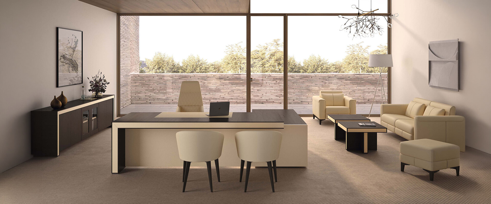 Luxury executive office furniture featuring a premium executive desk, visitor seating, lounge furniture, and elegant commercial office interior design.