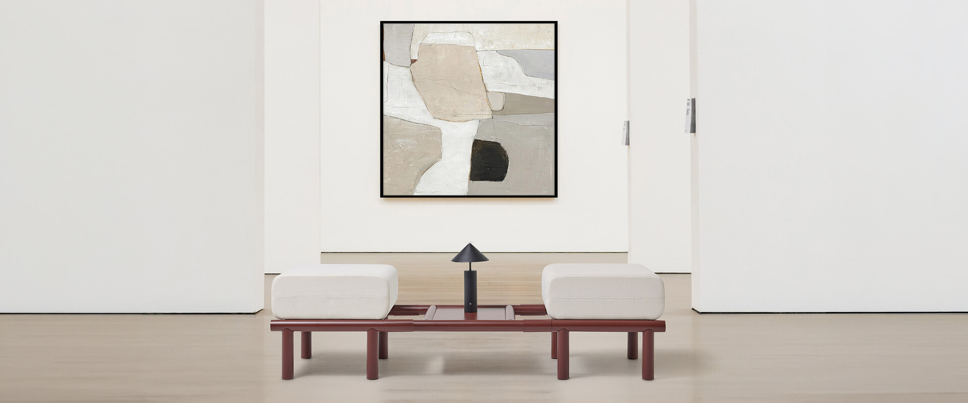 Modern office lounge furniture featuring designer modular bench seating, minimalist commercial office furniture, and contemporary office interior design.
