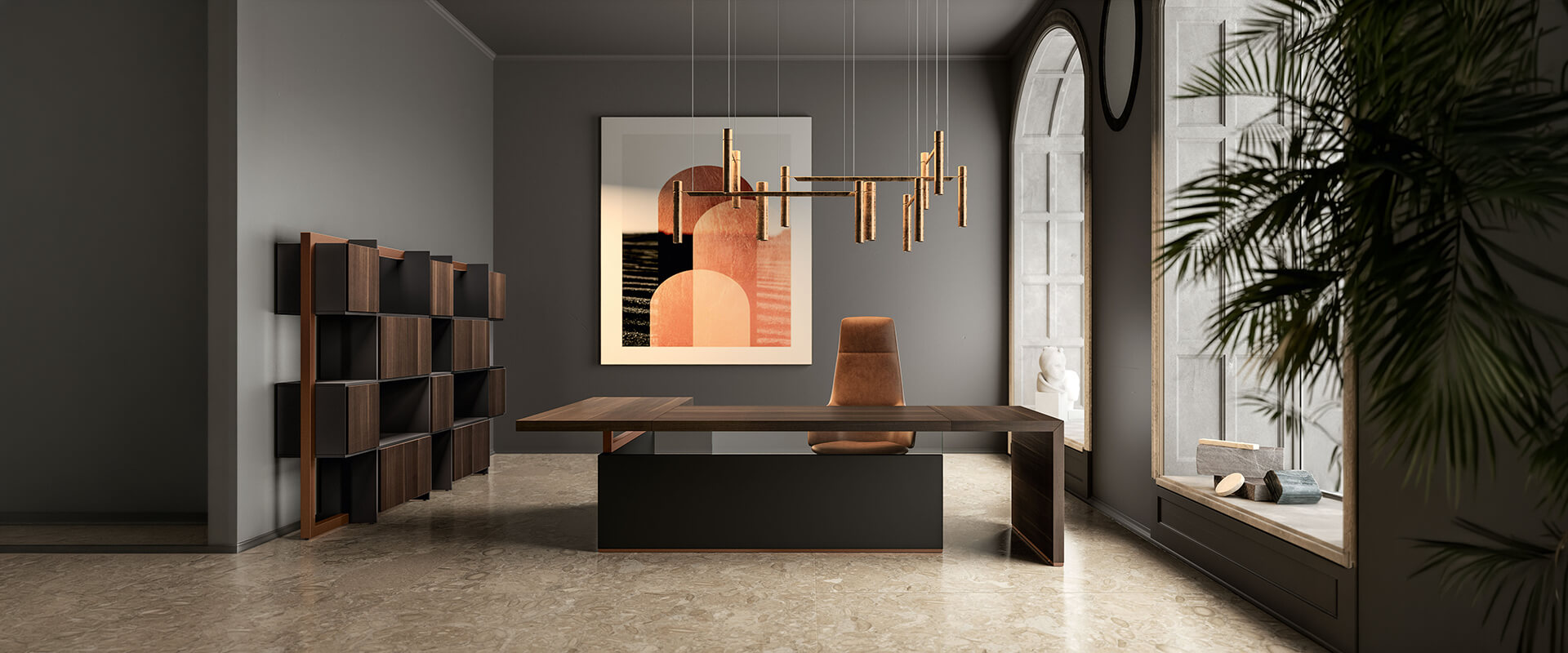 Luxury executive office furniture featuring a premium executive desk, bespoke office shelving, ergonomic executive chair, and elegant commercial office interior design.