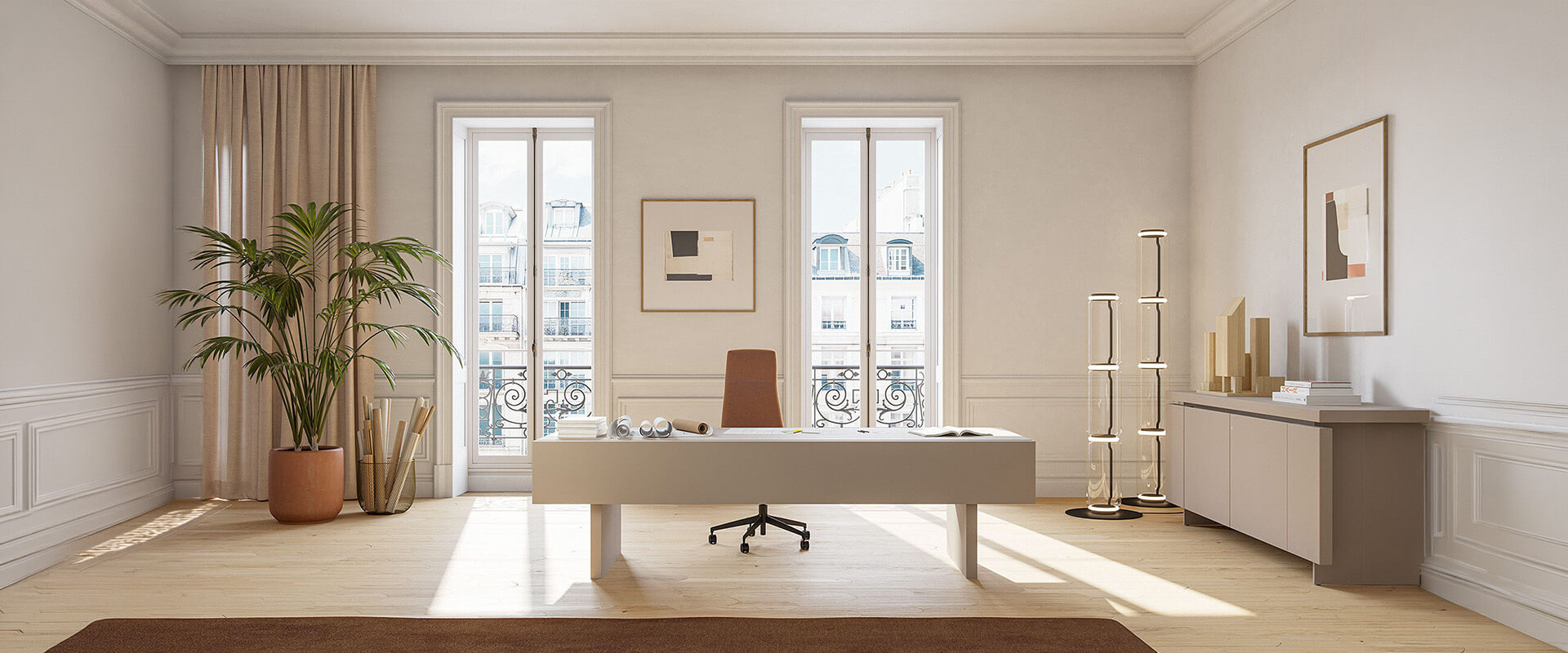 Modern executive office furniture featuring a minimalist executive desk, office storage cabinets, and elegant commercial office interior design.