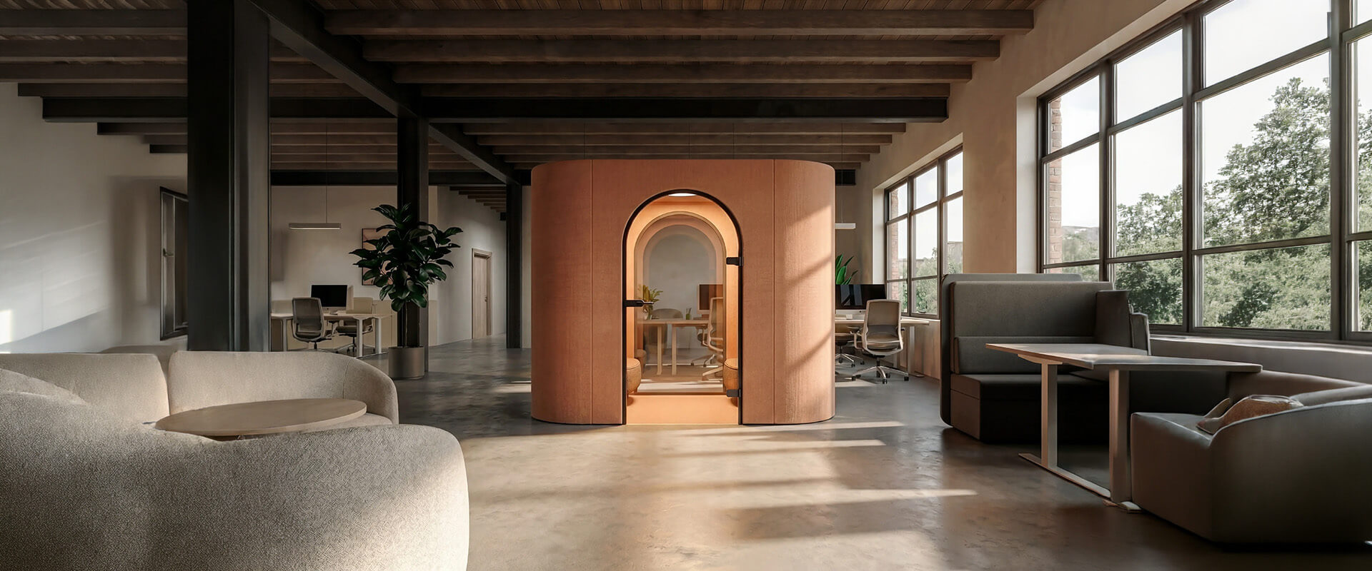 Modern office meeting pod with acoustic office booth, collaborative lounge seating, and premium commercial office furniture for flexible hybrid workplaces.