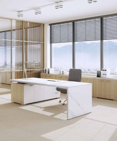 Arena - Marble Slab Leg Executive Desk with Glass and Leather Optional Credenza Unit