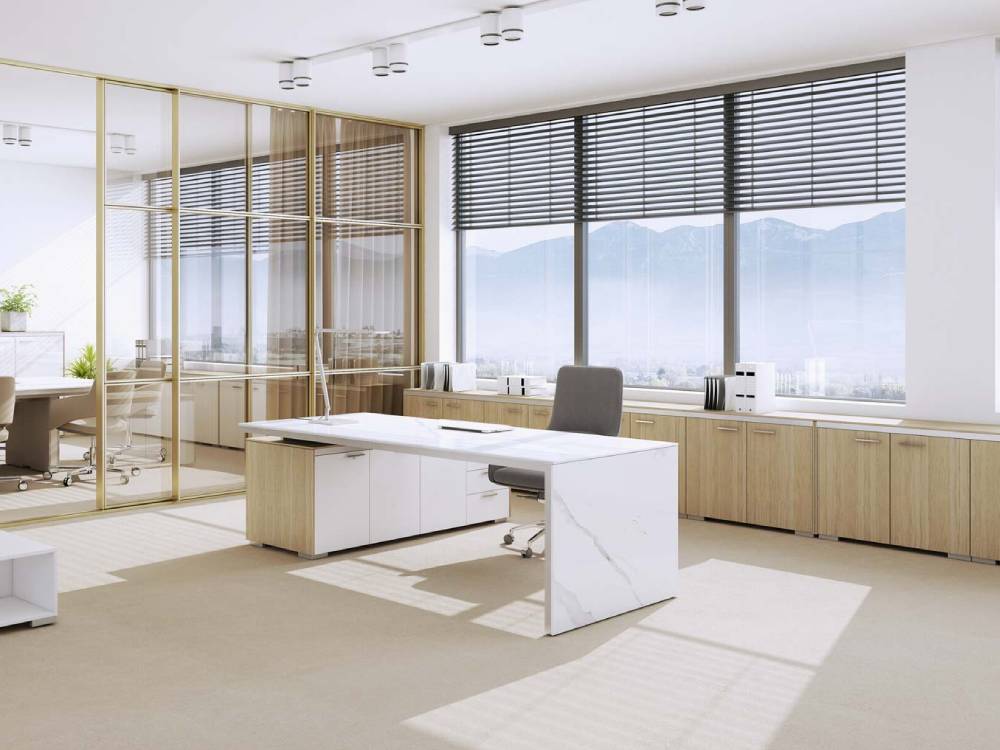 Arena - Marble Slab Leg Executive Desk with Glass and Leather Optional Credenza Main Img