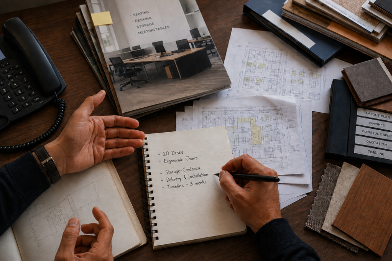 Commercial office furniture consultation with workspace planning, office interior design, ergonomic office furniture selection, architectural layouts, and project coordination.