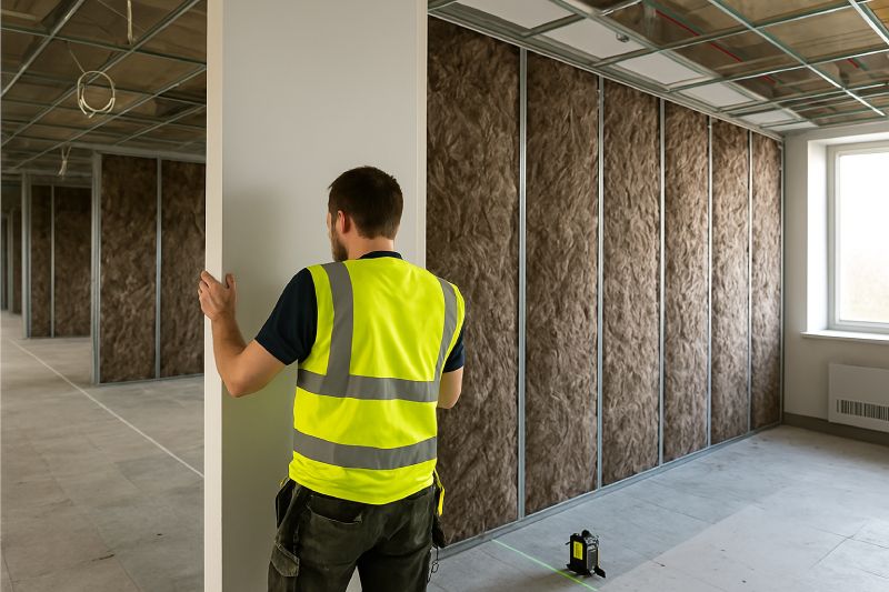 Professional office fit-out installation with partition walls, acoustic insulation, and commercial office interior construction for modern workspaces.