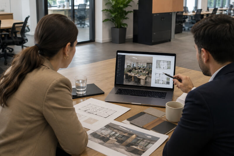 Professional office interior design consultation showcasing commercial office furniture, workspace planning, floor plans, material samples, and office space design collaboration.