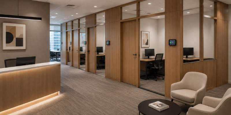 Contemporary closed cellular office layout with private offices, meeting rooms, and premium commercial office furniture.