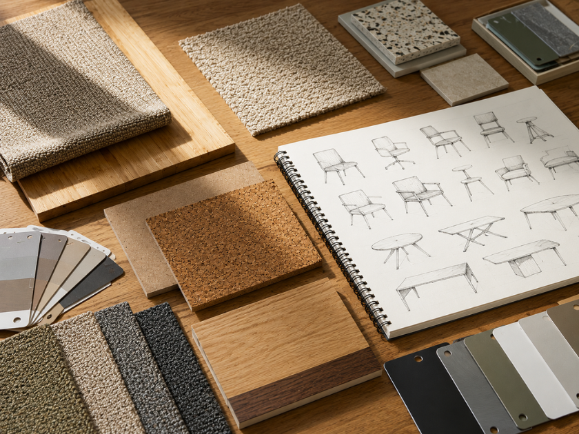 Contemporary eco-friendly office interior featuring sustainable office design, natural materials, energy-efficient lighting, and premium commercial furniture.