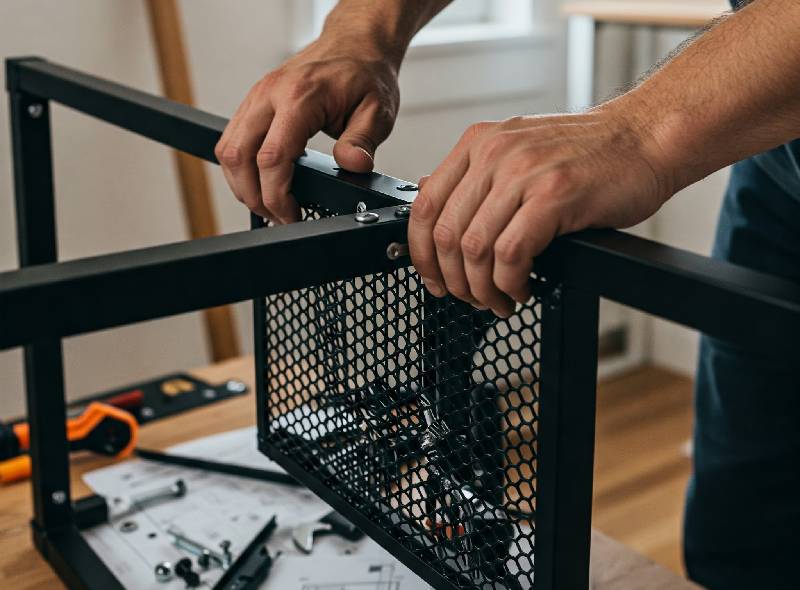 Expert furniture assembly service with professional installers assembling modern office furniture in a commercial workspace.