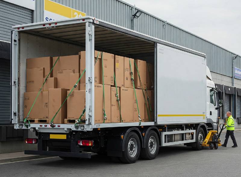 Furniture delivery truck loaded with large cardboard boxes ready for safe transport and installation.