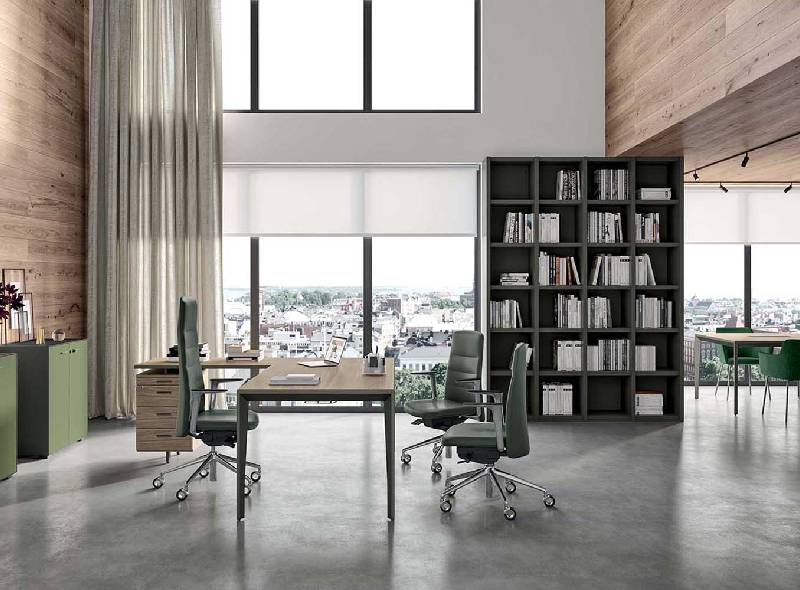 Contemporary home office furniture layout with premium office desk and storage