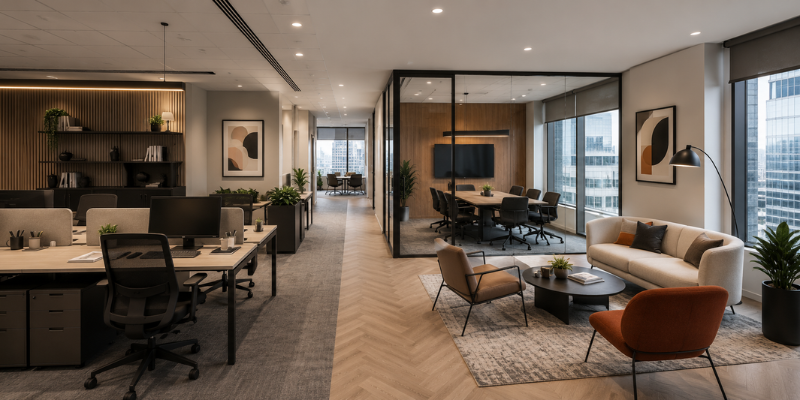 Modern hybrid office layout combining collaborative workspaces, private offices, breakout areas, and flexible workspace design.