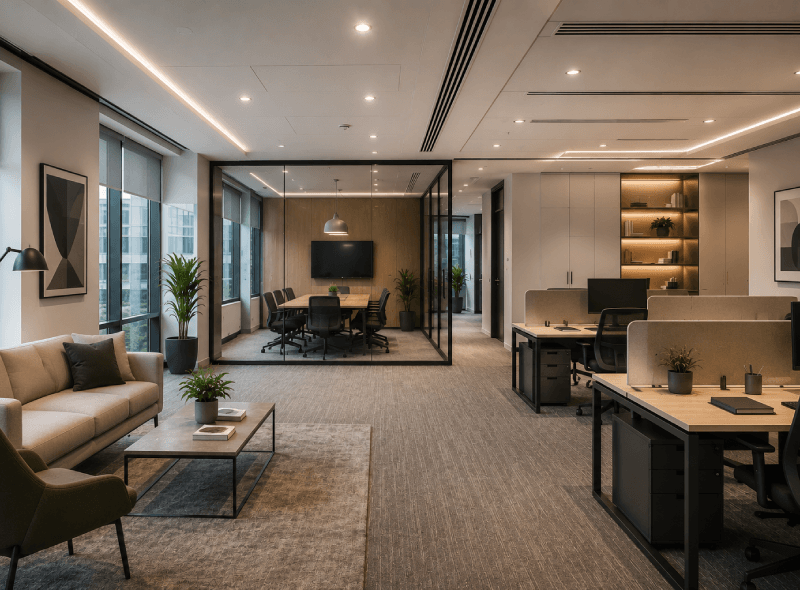 Modern office refurbishment creating a productive commercial workspace with premium office furniture, improved workspace design, and enhanced employee wellbeing.