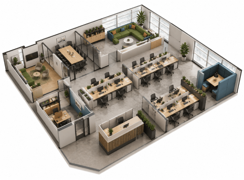 Realistic 3D office visualisation showcasing office space planning, furniture layouts, and modern commercial office design before project implementation.