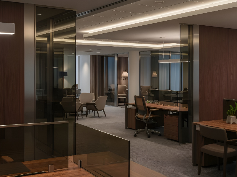 Modern office partitioning with glass office partitions creating flexible workspace solutions for collaborative and private commercial office environments.