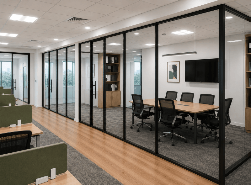 Contemporary office partitioning featuring glass office partitions, private meeting rooms, and flexible commercial office layouts.