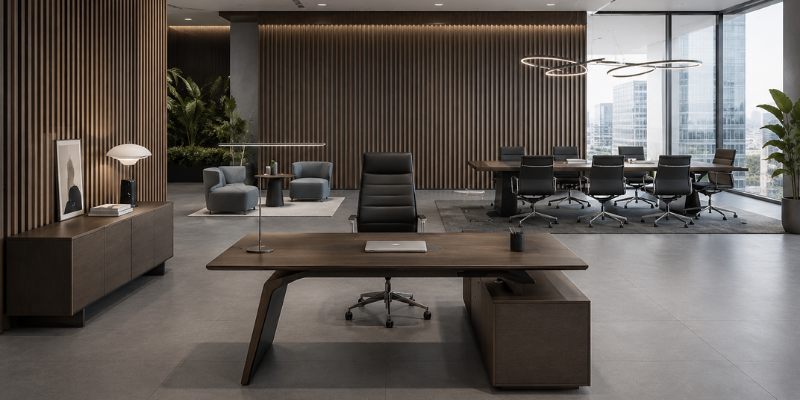 Modern open plan office layout featuring commercial office furniture, collaborative workstations, and efficient workspace planning.