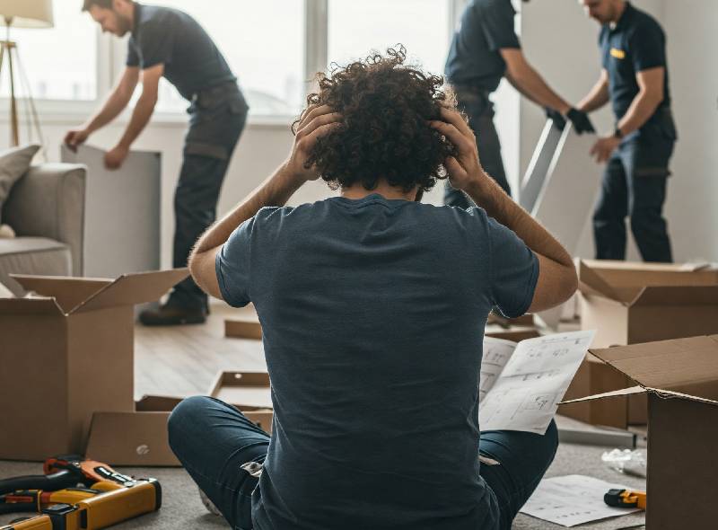 Furniture installation team assembling furniture in a residential interior while the customer supervises the setup.